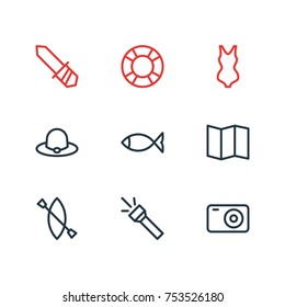 Editable Pack Of Swimsuit, Flashlight, Lifesaver And Other Elements.  Vector Illustration Of 9 Camp Outline Icons. 