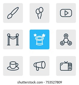 Editable Pack Of Television, Magic Hat, Hand Fidget Elements.  Vector Illustration Of 9 Entertainment Outline Icons. 