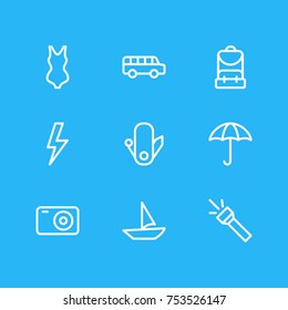 Editable Pack Of Transportation, Photo Apparatus, Flashlight And Other Elements.  Vector Illustration Of 9 Camping Outline Icons. 
