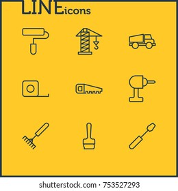 Editable Pack Of Turn Screw, Measure Tape, Paintbrush And Other Elements.  Vector Illustration Of 9 Industry Outline Icons. 