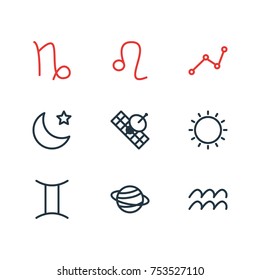 Editable Pack Of Water Bearer, Twins, Satellite And Other Elements.  Vector Illustration Of 9 Constellation Outline Icons. 