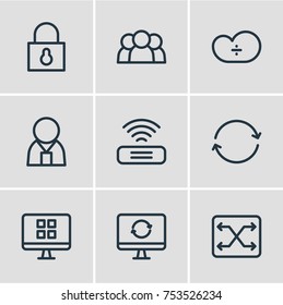 Editable Pack Of Wifi, Padlock, Cloud Storage And Other Elements.  Vector Illustration Of 9 Internet Outline Icons. 