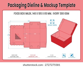 Editierbare Verpackung Dieline und Kunstwerk Vorlage für Lebensmittelschachtel Milch Chinesisches neues Jahr Reale Dimensionen mit Schneiden, Falten und Bleed Guides. Gebrauchsfertige Vektordatei für Druck- und Produktionseinstellungen