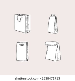 Boceto de bolso de papel editable - Ilustración vectorial de conjunto de iconos de bolso de compras de silueta