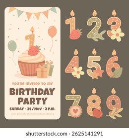 Editable pastel birthday invitation set with cute cupcake and number candles. All elements are fully vector and isolated from the background. Perfect for children's party cards and prints.