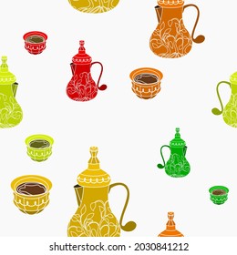 Editable Patterned Bulbous Dallah Coffee Pots and Finjan Cups Vector Illustration in Various Colors as Seamless Pattern for Background of Arab Culture Tradition Cafe and Islamic Moments Related Design