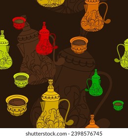 Editable Patterned Bulbous Dallah Coffee Pots and Finjan Cups Vector Illustration in Various Colors as Seamless Pattern With Dark Background for Arab Culture Tradition Cafe and Islamic Moments Design