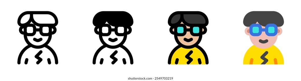 Persona editable con el corte de pelo del tazón y el icono del Vector del avatar de las gafas. Usuario, perfil, identidad, persona. Parte de una gran familia de iconos. Perfecto para interfaces de Web y App, presentaciones, infografías, etc