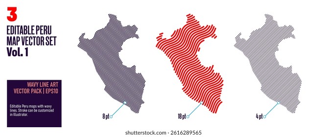 Editable Peru map vector set with halftone and line art patterns. Modern and customizable style ideal for graphic design and presentations.