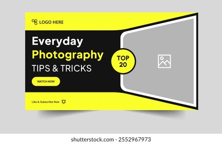 Editable photography tips and tricks video cover banner design, daily photo shoot techniques video thumbnail banner design, fully customizable vector eps 10 file format