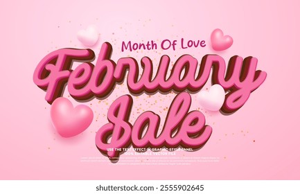 Editable pink text design saying February Sale with a heart shape and the tagline Month of Love, on a light pink background