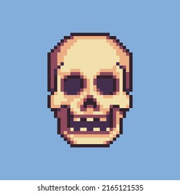 Editable Pixel art human skull illustration vector for game development, game assets, poster, graphic design, website assets.
