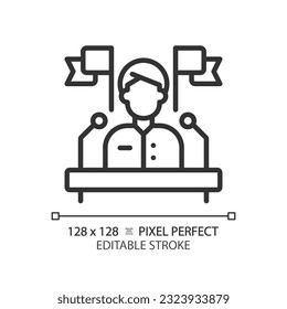 Editable pixel perfect thin line icon representing election candidate with banner, isolated vector illustration of voting.
