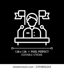 Editable pixel perfect white linear icon representing election candidate with banner, isolated vector illustration of voting, sign for dark mode.