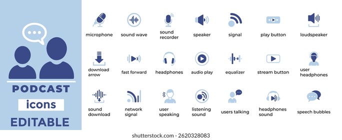 Editable podcast vector icons for media, audio, and broadcasting projects with a clean, modern, and minimal design style