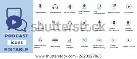 Editable podcast vector icons for media, audio, and broadcasting projects with a clean, modern, and minimal design style