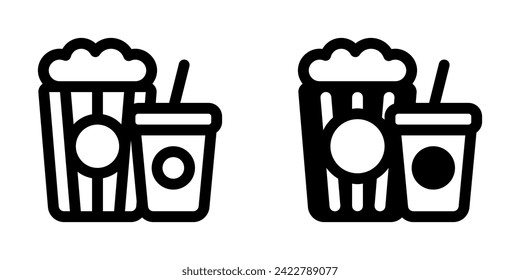 Palomitas de maíz, refrescos, bocadillos, comida para beber, icono del vector de bebidas. Película, cine, entretenimiento. Parte de una familia de iconos grandes. Perfecto para interfaces web y de aplicaciones, presentaciones, infografías, etc