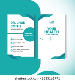 Editable portrait-oriented business card design for medical professionals. Ideal for doctors, dentists, nurses, and clinics. Features clean layout with contact details and healthcare icons