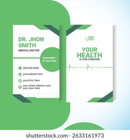 Editable portrait-oriented business card design for medical professionals. Ideal for doctors, dentists, nurses, and clinics. Features clean layout with contact details and healthcare icons