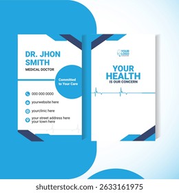 Editable portrait-oriented business card design for medical professionals. Ideal for doctors, dentists, nurses, and clinics. Features clean layout with contact details and healthcare icons