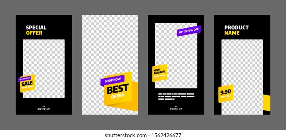 Editable post template set for banner sale, presentation, flyer, poster, invitation, stories, streaming. Screen backdrop for mobile app. Social media story mockup.