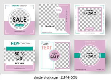 Editable Post Template Social Media Banners For Digital Marketing. Color Pink Green. Promo Brand Fashion. Vector Illustration