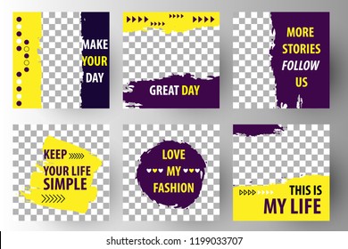 Editable Post Template Social Media Banners for Digital Marketing. Promo Brand Fashion. Stories. Streaming. Yellow violet. Vector Illustration