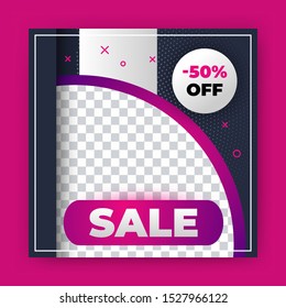 Editable Post Template Social Media Banners for Digital Marketing with discount offer up to 50%. Cool design element and trendy gradient colors. Shopping background, label for business promotion.