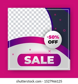 Editable Post Template Social Media Banners for Digital Marketing with discount offer up to 50%. Cool design element and trendy gradient colors. Shopping background, label for business promotion.
