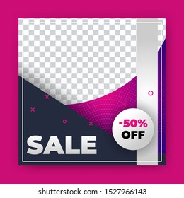 Editable Post Template Social Media Banners for Digital Marketing with discount offer up to 50%. Cool design element and trendy gradient colors. Shopping background, label for business promotion.