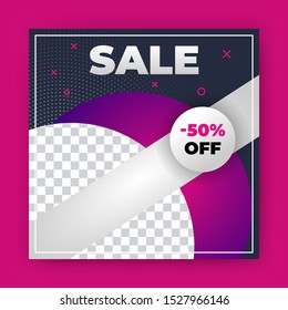 Editable Post Template Social Media Banners for Digital Marketing with discount offer up to 50%. Cool design element and trendy gradient colors. Shopping background, label for business promotion.