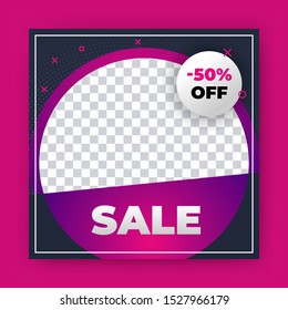 Editable Post Template Social Media Banners for Digital Marketing with discount offer up to 50%. Cool design element and trendy gradient colors. Shopping background, label for business promotion.