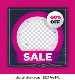 Editable Post Template Social Media Banners for Digital Marketing with discount offer up to 50%. Cool design element and trendy gradient colors. Shopping background, label for business promotion.