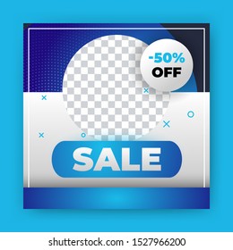 Editable Post Template Social Media Banners for Digital Marketing with discount offer up to 50%. Cool design element and trendy gradient colors. Shopping background, label for business promotion.