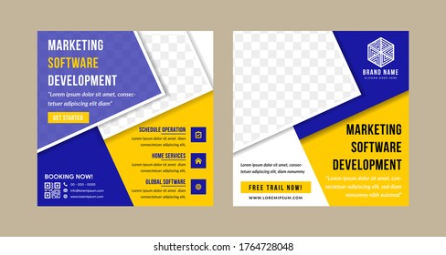 Editable Post Template Social Media Banners for Marketing software development company. Promotion  design use square layout. Set of Stories. space for photo. the element use blue, yellow and white