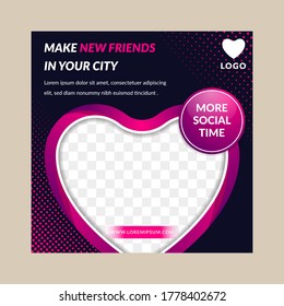 Plantilla de publicación editable Banners de medios sociales para marketing digital. Color morado, degradado rosado y azul oscuro. Promoción del tiempo social. Ilustración vectorial. Amor o marco cardíaco para el espacio de la foto. 
