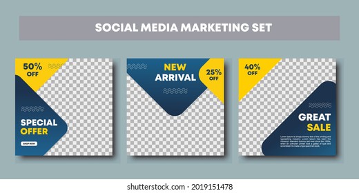 Editable post template social media banners for digital marketing set bundle. Blue and yellow background color with stripe line shape. Suitable for social media posts and web or internet ads