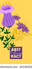 Editable poster of primitive, whimsical plants in folk style. Abstract flowers and leaves in bright, saturated colors for branding, printing, advertising. Digital illustration in a modern flat style