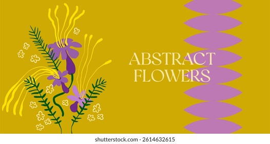 Editable poster of primitive, whimsical plants in folk style. Abstract flowers and leaves in bright, saturated colors for branding, printing, advertising. Digital illustration in a modern flat style