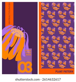 Editable poster of primitive, whimsical plants in folk style. Abstract flowers and leaves in bright, saturated colors for branding, printing, advertising. Digital illustration in a modern flat style