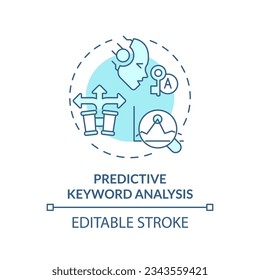 Editable predictive keyword analysis icon concept, isolated vector, AI for SEO blue thin line illustration.