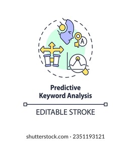 Editable predictive keyword analysis icon concept, isolated vector, AI for SEO thin line illustration.