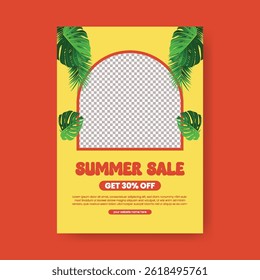 Editable print flyer or poster for summer sale, tropical summer beach pool party a4 size vertical poster design with tropical summer vector background, summer Holiday and tour poster or flyer design