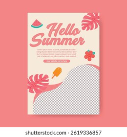 Flyer o cartel de impresión editable para la venta de verano, fiesta de piscina de playa de verano tropical diseño de póster de Vertical de tamaño A4 con fondo de Vector de verano tropical, Festiva de verano y póster o folleto de gira
