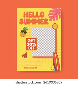 Editable print flyer or poster for summer sale, tropical summer beach pool party a4 size vertical poster design with tropical summer vector background, summer Holiday and tour poster or flyer