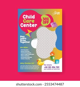 Editable print flyer or poster template for kindergarten and nursery pre school design, Childcare center and babysitter print flyer or poster, leaflet, brochure cover template design