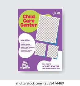 Editable print flyer or poster template for kindergarten and nursery pre school design, Childcare center and babysitter print flyer or poster, leaflet, brochure cover template design