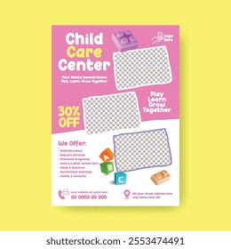 Editable print flyer or poster template for kindergarten and nursery pre school design, Childcare center and babysitter print flyer or poster, leaflet, brochure cover template design