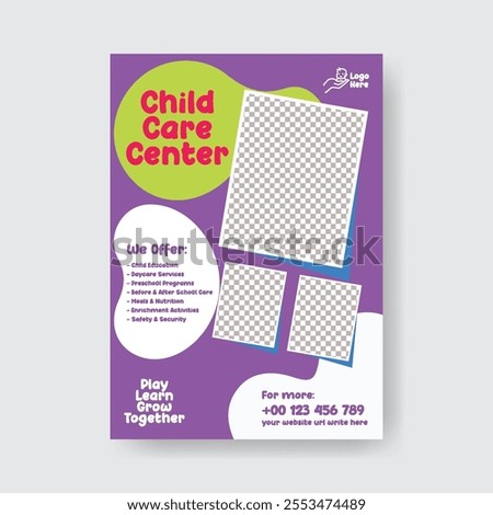Editable print flyer or poster template for kindergarten and nursery pre school design, Childcare center and babysitter print flyer or poster, leaflet, brochure cover template design