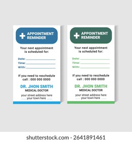 Editable and printable appointment reminder card design for doctors, hospitals, and healthcare clinics. Features clear placeholders for date, time, and patient information. Comes in dual-color format.